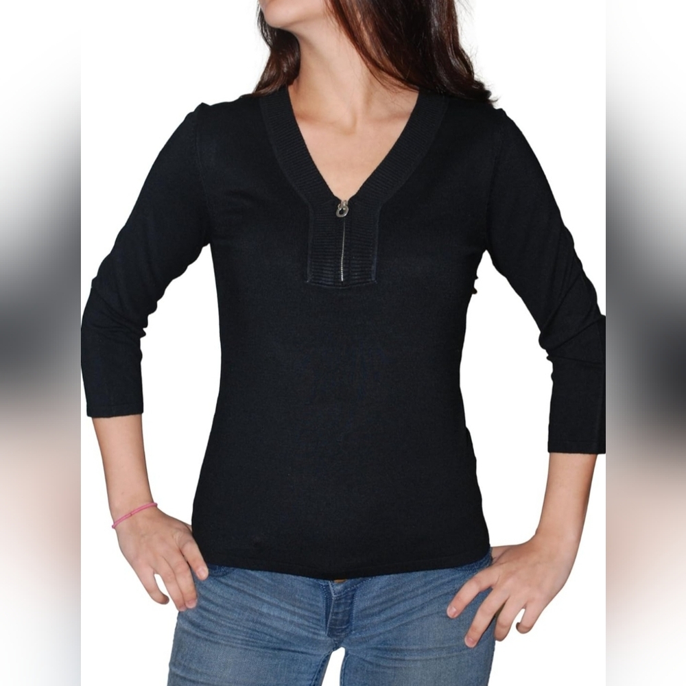 Cable & Gauge Black V-Neck Sweater w/Rhinestone Zipper, 3/4 Sleeve - Med. Petite